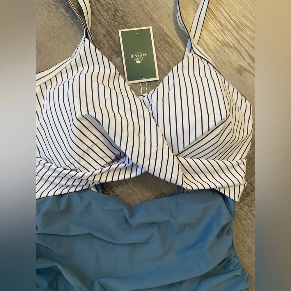 SOLD Women's One Piece Bathing Swimsuit Cutout High Waisted Tie Back Size L - Picture 5 of 12